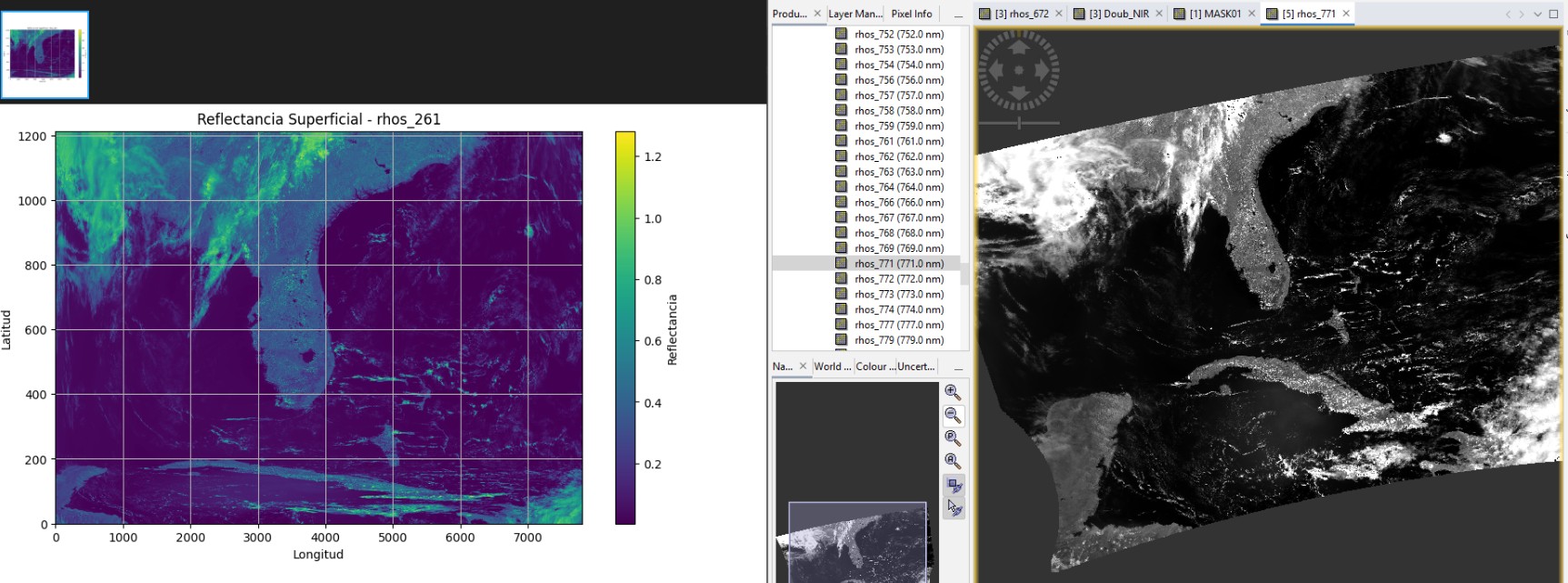 The image on the right shows the reprojection using SNAP, the one on the left shows one of my attempts to do the reprojection with Python.