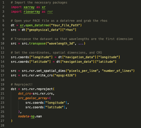 Code for reprojecting L2 PACE data