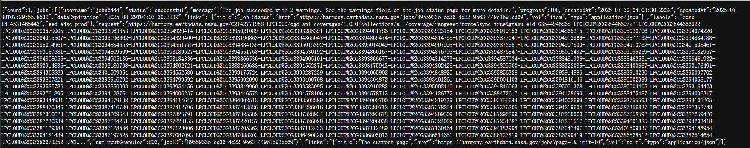 status of https://harmony.earthdata.nasa.gov/jobs
