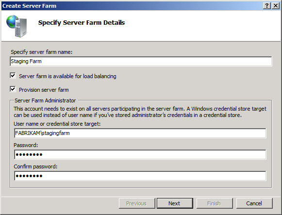 Type the user name and password of the ___domain account that you added to the local administrators group on each server.
