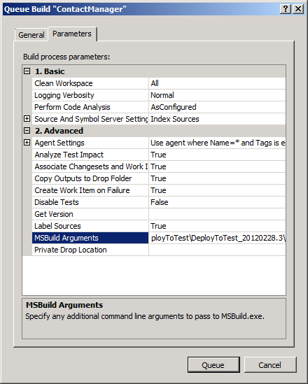 In the MSBuild Arguments row, replace the value of the OutputRoot property with the ___location of your build folder.