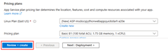 A screenshot of the ___location of the Review plus Create button in the Azure portal.