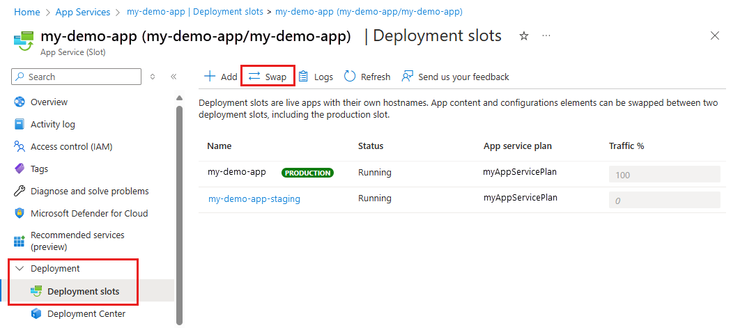 Screenshot that shows selections for initiating a swap operation in the portal.