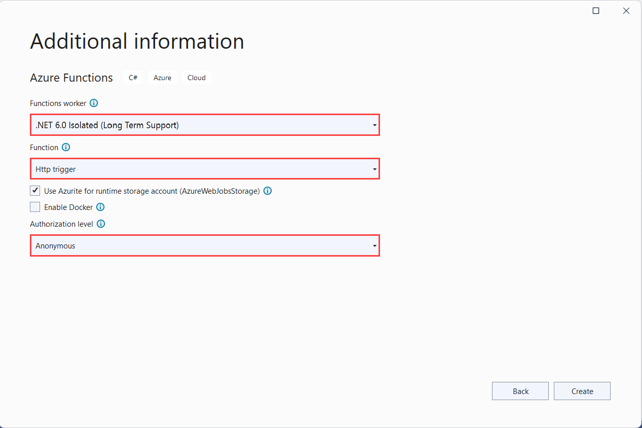 Screenshot of Azure Functions project settings for the isolated worker model.