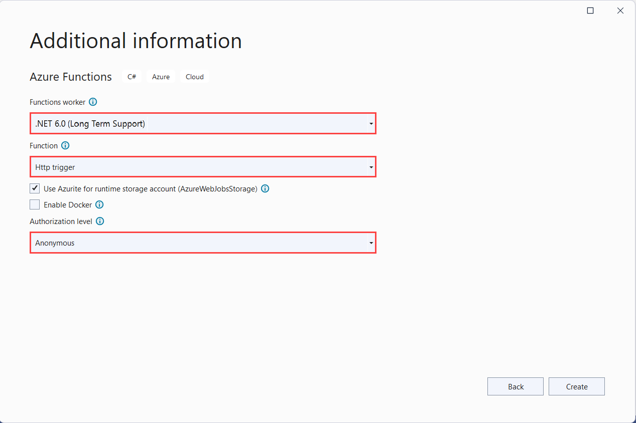 Screenshot of Azure Functions project settings for the in-process model.