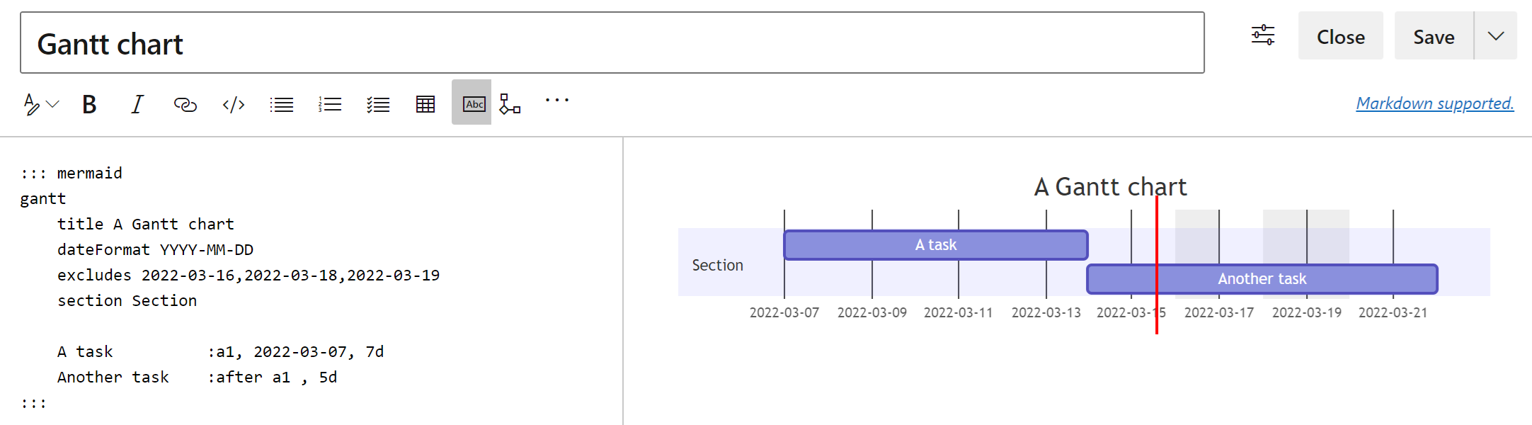 Screenshot showing the Mermaid Live Editor with code and preview for Gantt chart.