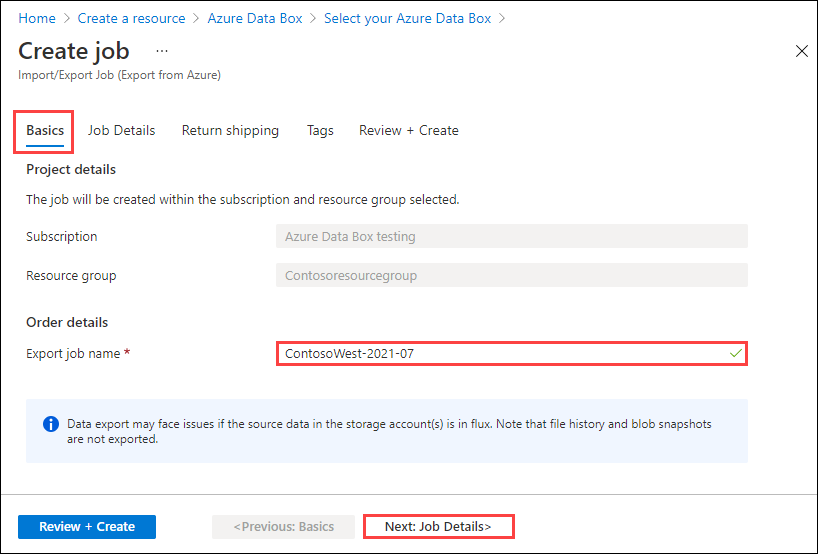 Screenshot showing the Basics tab for an export job in Azure Import/Export. The Basics tab, the Import Job Name text box, and the Next: Job Details button are highlighted.