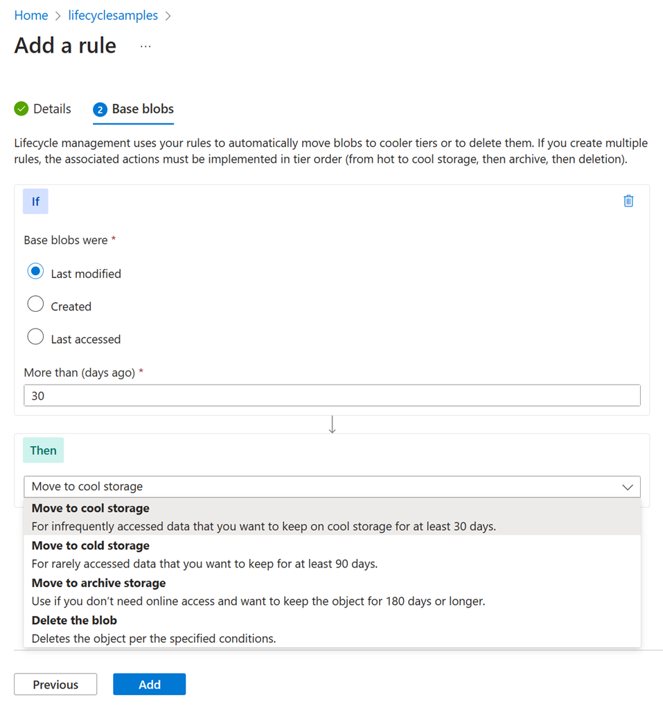 Screenshot of the lifecycle management base blobs page in Azure portal