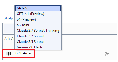 A screenshot of the GitHub Copilot chat window with the Model Picker dropdown highlighted.