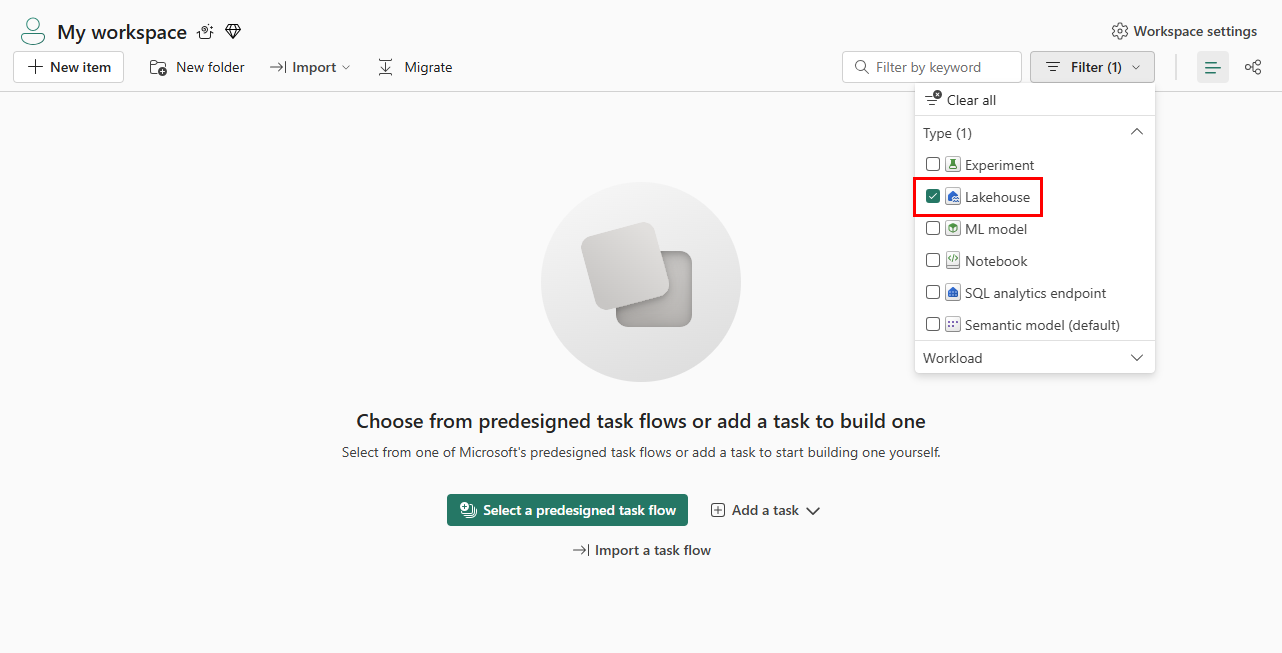 Screenshot that shows selection of 'Lakehouse' as a checkbox filter.