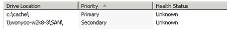 Screenshot of the Drive Location, Priority, and Health Status columns. For the purposes of this walkthrough, backslash backslash won yoo dash w two k eight dash three backslash S A N backslash is used as the secondary drive ___location.