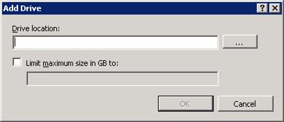 Screenshot of the Add Drive dialog box. The Drive ___location and Limit Maximum size in GB boxes are shown.