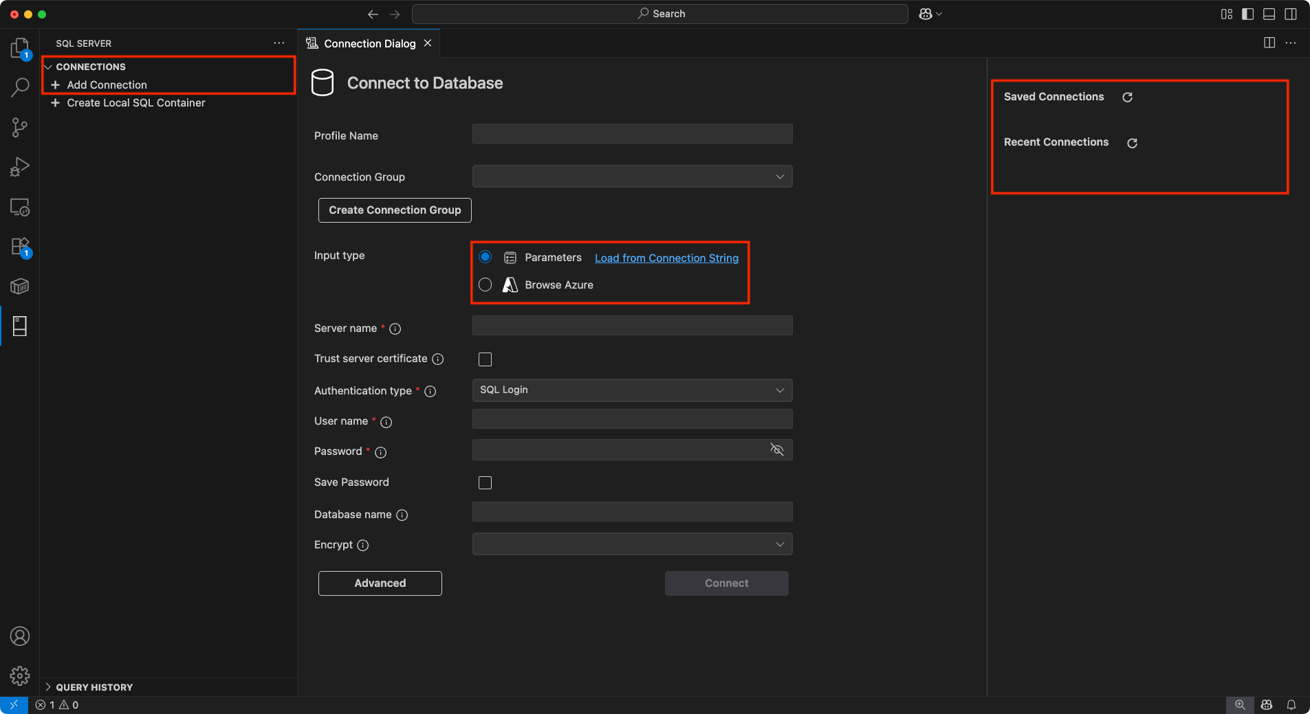 Screenshot of the Connection Dialog window.