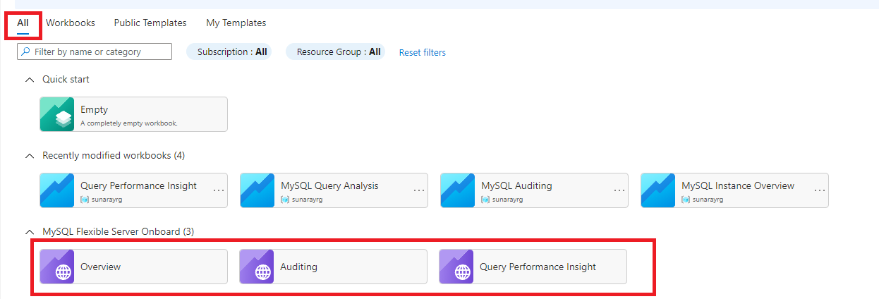 Screenshot of the monitoring section showing the list of workbooks.