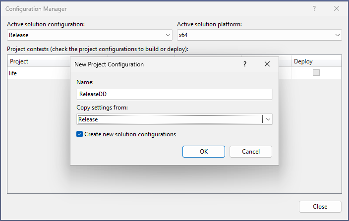 A screenshot that shows the New Project Configuration dialog for a release build.