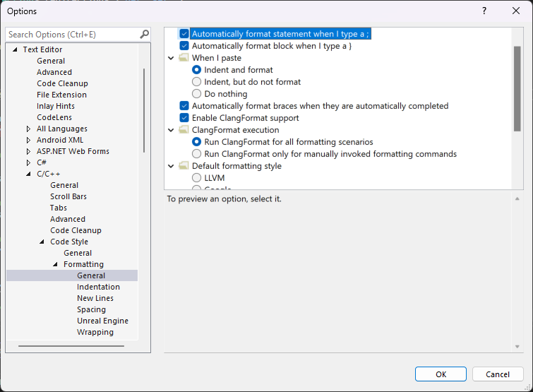 Screenshot of the Options pane with Text Editor.