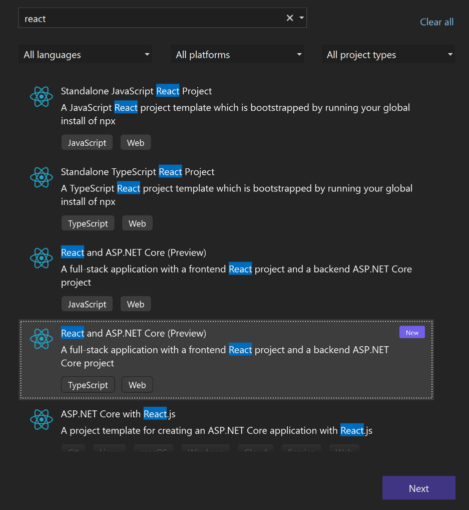 React TypeScript and ASP.NET Combined Templates
