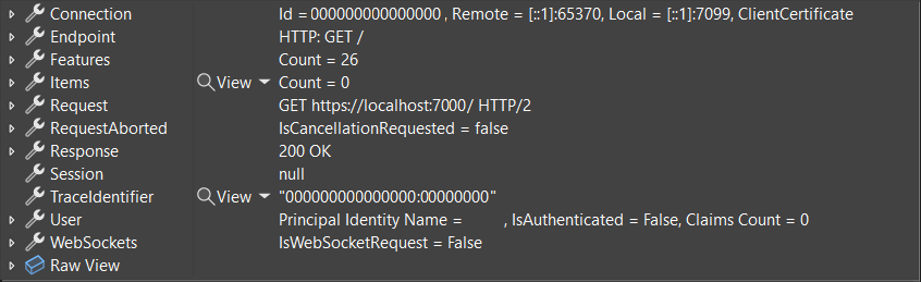 .NET 8 中 HttpContext 类型的实用调试器显示方式。