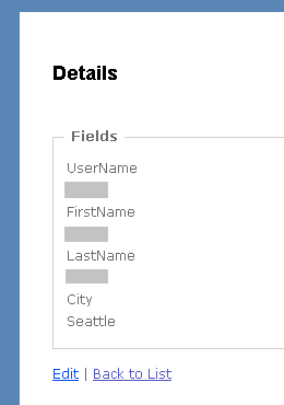 屏幕截图显示了用户具有 UserName、FirstName、LastName 和 City 的详细信息字段。