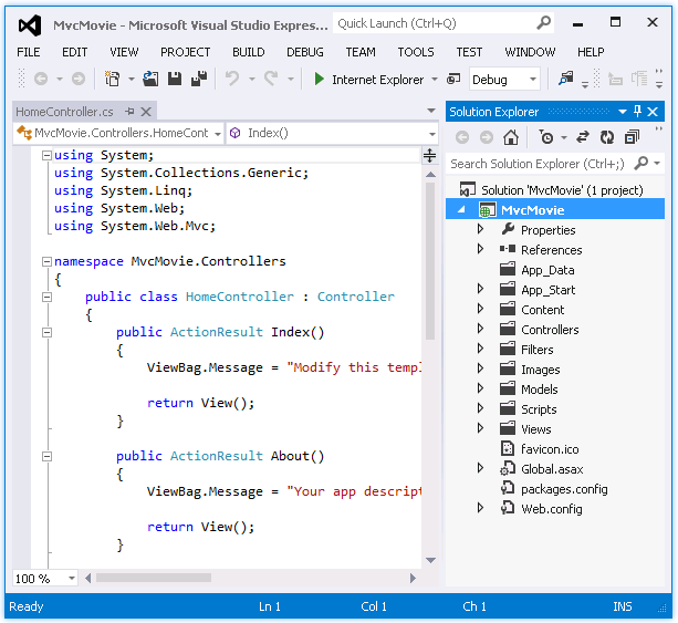 显示已打开的 ASP.NET MVC 项目 HomeController.cs 和解决方案资源管理器选项卡的屏幕截图。