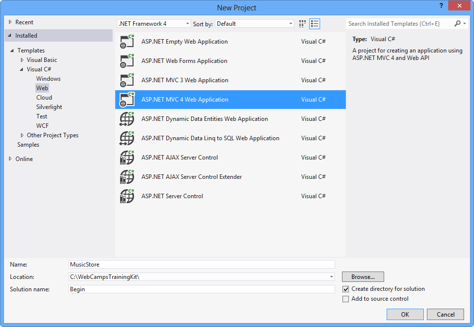 创建新的 ASP.NET MVC 4 项目