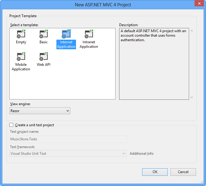 创建新的 ASP.NET MVC 4 Internet 应用程序
