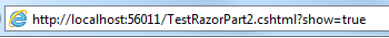 Web 浏览器中“测试 Razor 2”页的屏幕截图，其中显示了 U R L 框中的查询字符串。
