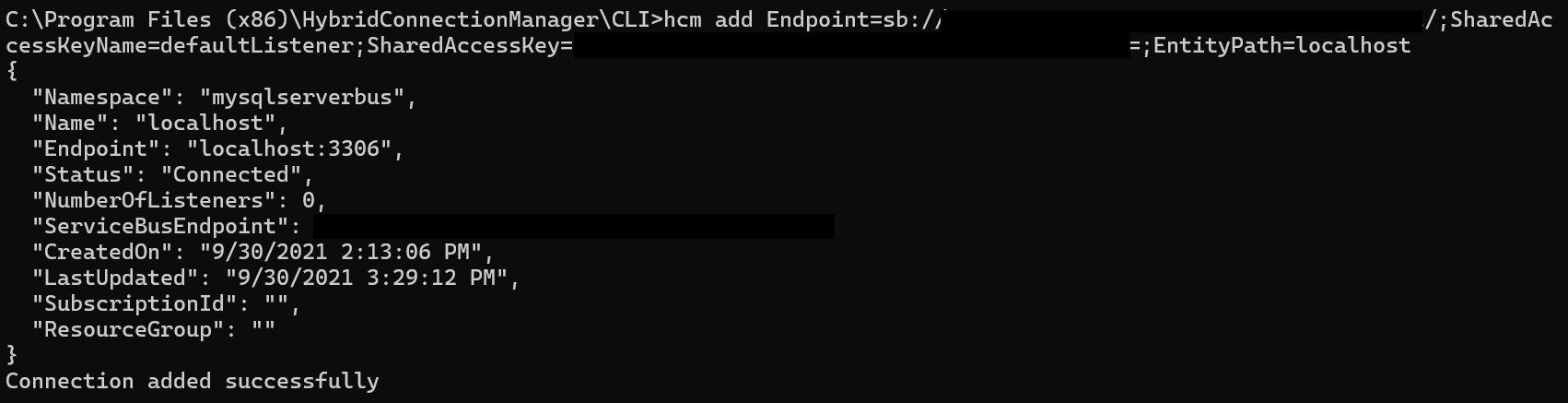 混合连接管理器 CLI 的屏幕截图，其中显示了如何手动添加混合连接。