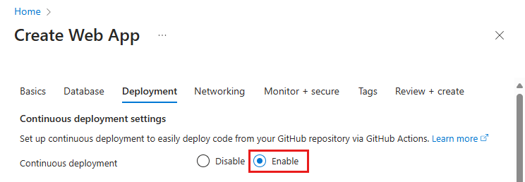 显示如何在“应用服务部署”选项卡中启用 GitHub Actions 部署的屏幕截图。