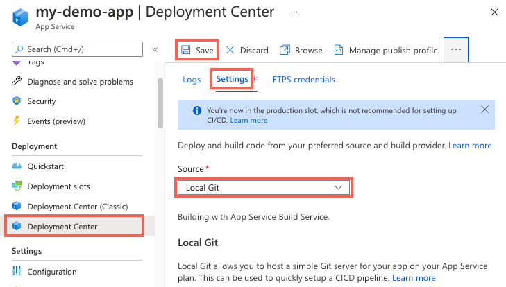 显示如何在 Azure 门户中为应用服务启用本地 Git 部署的屏幕截图。