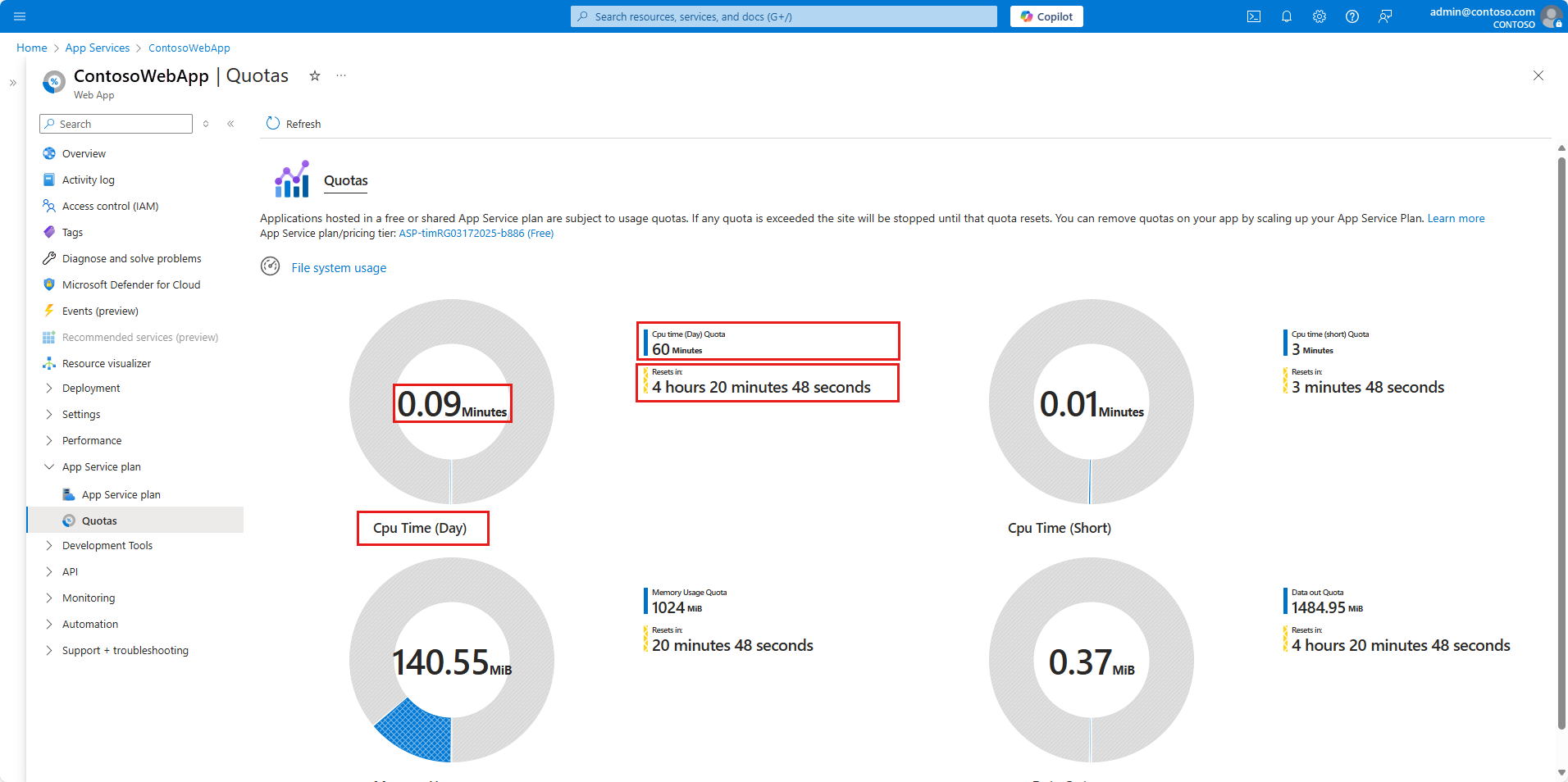 Azure 门户中的“配额”图表