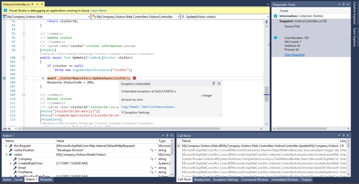 在 Visual Studio 中显示调试快照的屏幕截图。