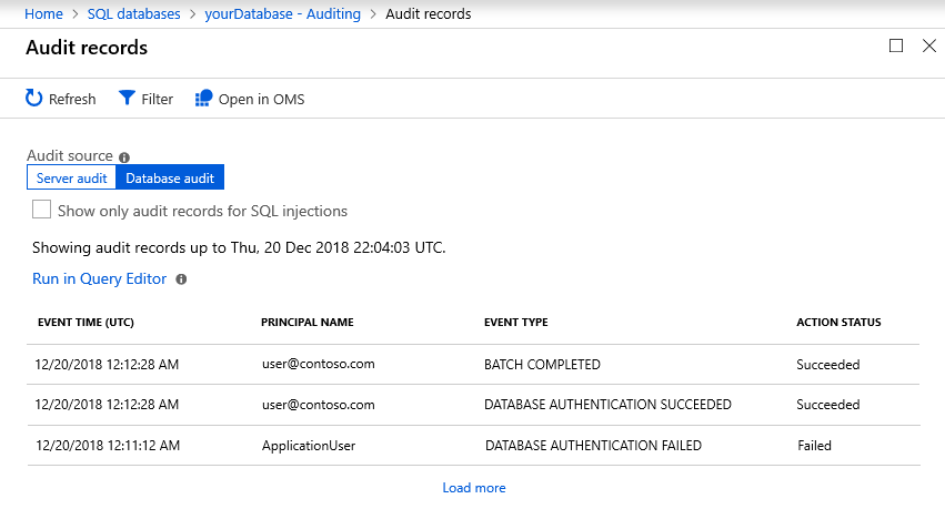 Azure 门户页的屏幕截图，其中显示了 SQL 数据库的审核记录。