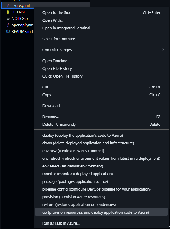 显示用于运行 azd up 的 azure.yaml 菜单选项的屏幕截图。