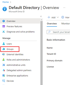 这是一张屏幕截图，显示“组”菜单项在“Microsoft Entra ID 默认目录”页左侧菜单中的位置。