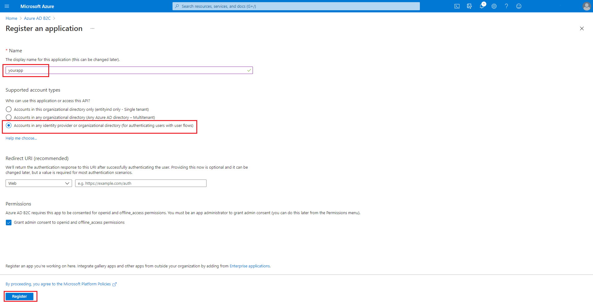 Azure AD B2C 注册应用程序表单。