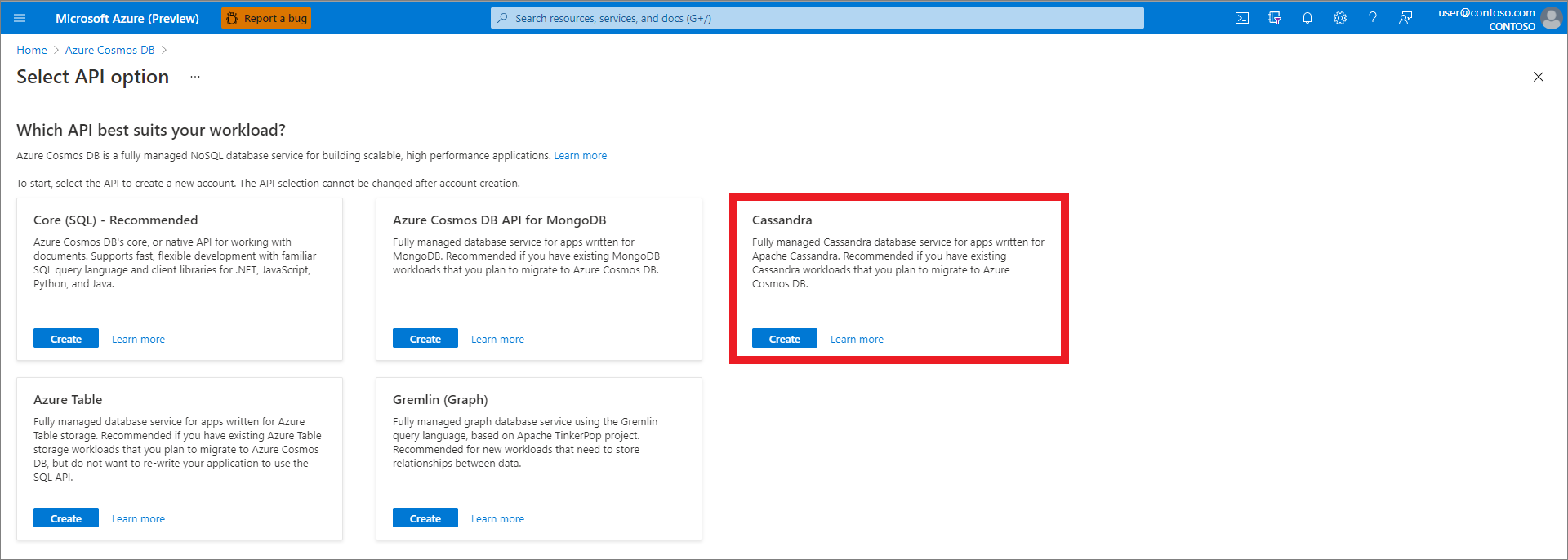 Azure 门户，创建资源，选择 API 选项，选择 Cassandra。
