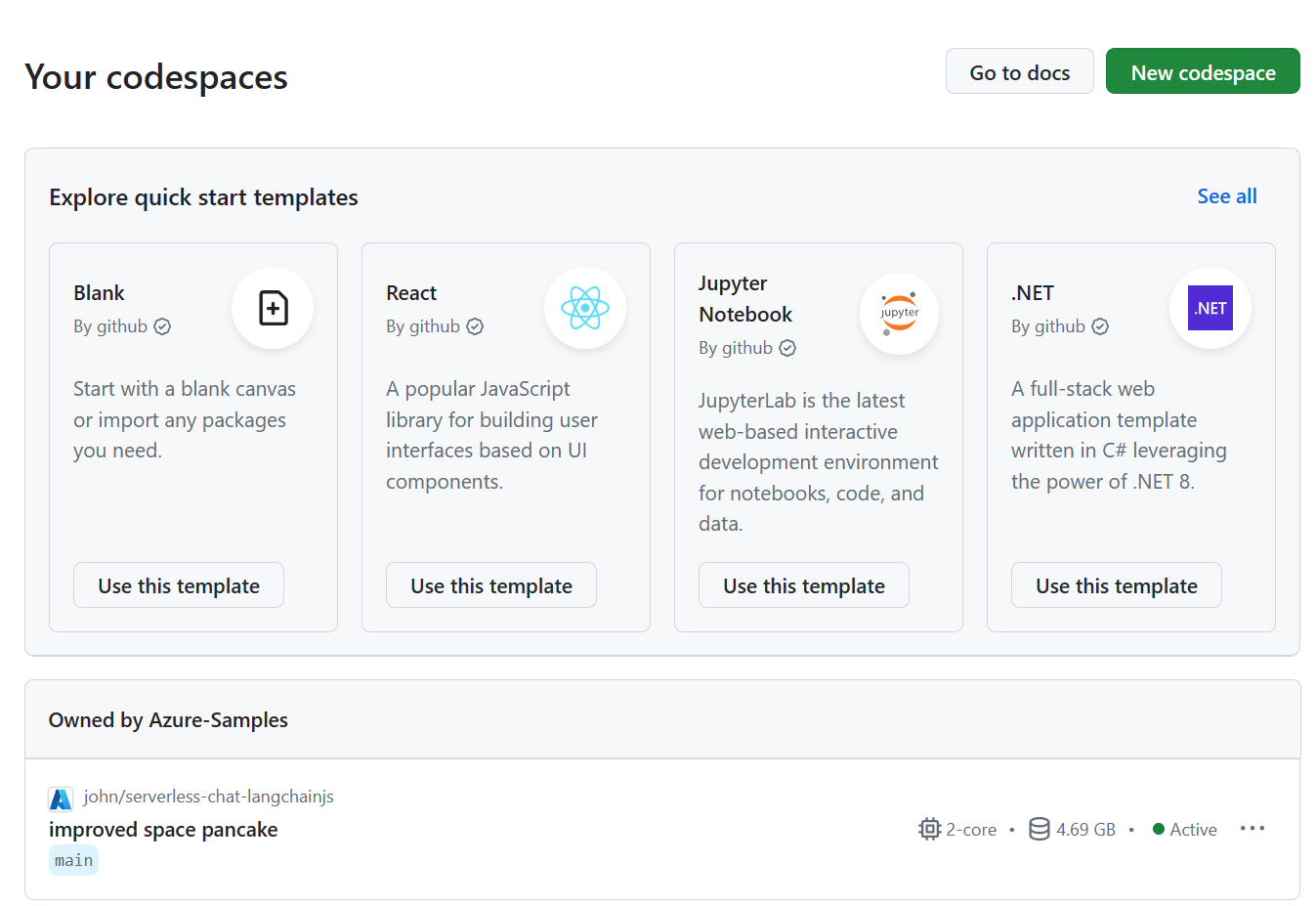 所有正在运行的 Codespace 的屏幕截图，包括其状态和模板。