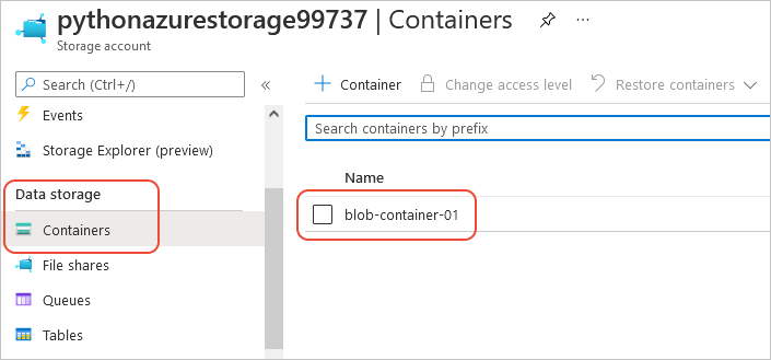 显示 Blob 容器的存储帐户的 Azure 门户页