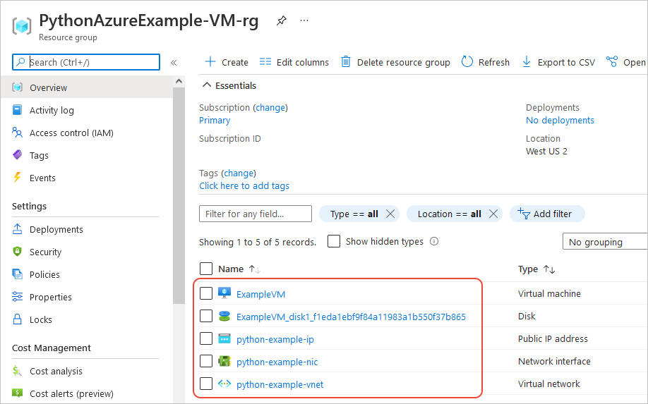 显示虚拟机和相关资源的新资源组的 Azure 门户页