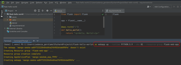 部署 Web 应用的 Azure CLI 命令的 PyCharm IDE 屏幕截图。