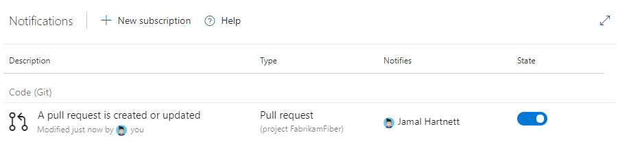 显示 Azure DevOps 中个人通知订阅列表中的新订阅的屏幕截图。