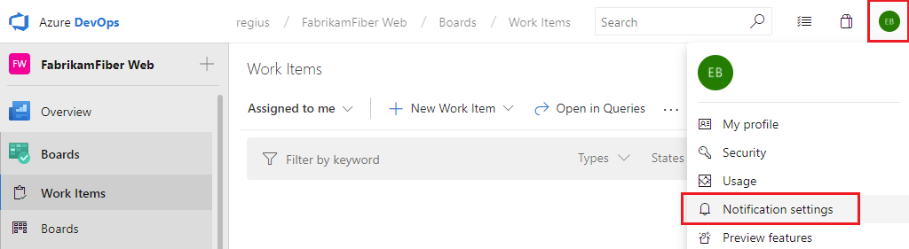 显示如何在早期版本的 Azure DevOps 中选择“用户设置”和“通知”选项的屏幕截图。