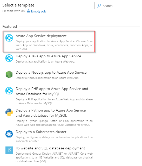 Azure 应用服务模板的屏幕截图。