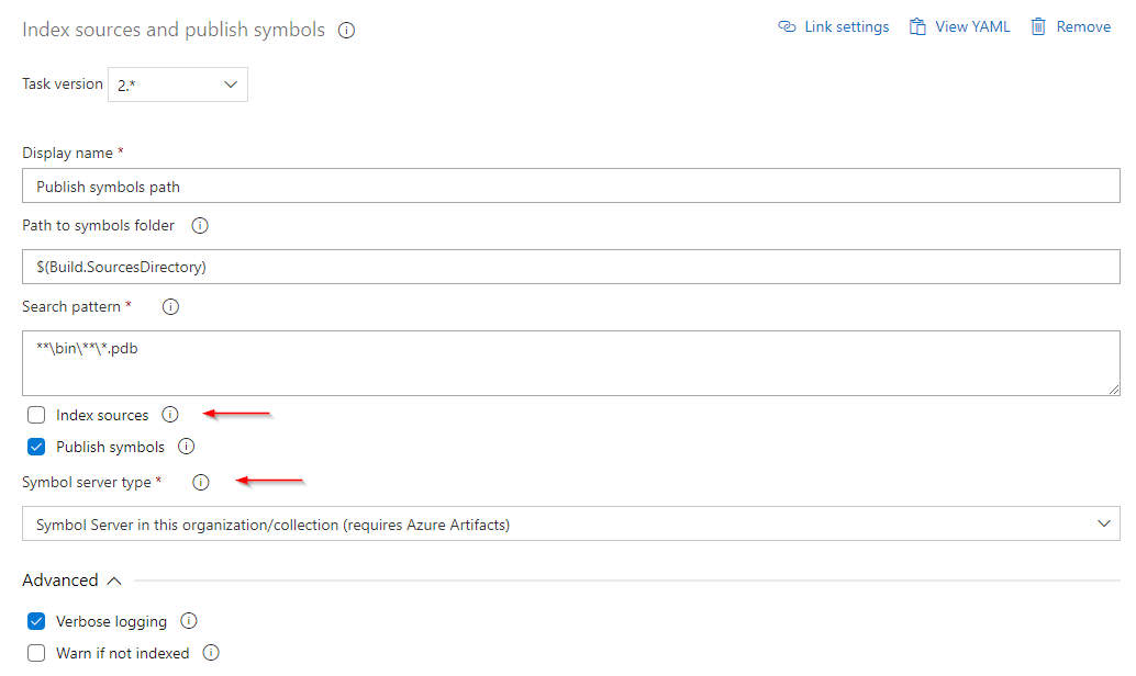 显示如何配置发布任务以将可移植 PDB 发布到 Azure Artifacts 符号服务器的屏幕截图。