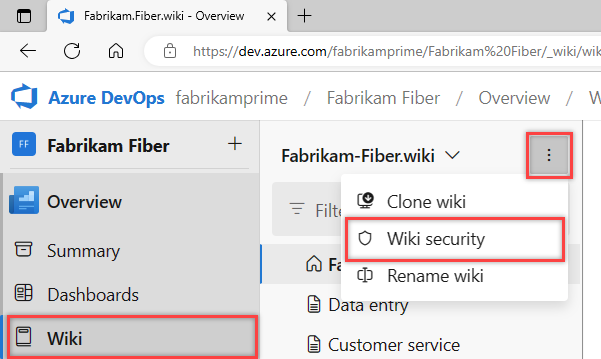 显示如何在 Azure DevOps 网页门户中为 Wiki 选择安全操作的屏幕截图。