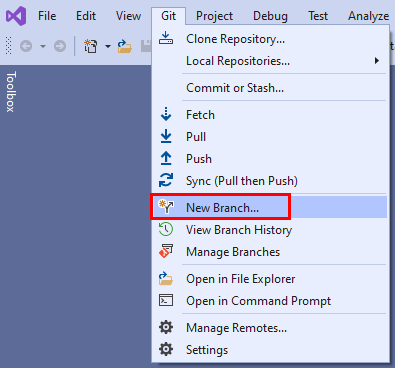 Visual Studio 的 Git 菜单中“新建分支”选项的屏幕截图。