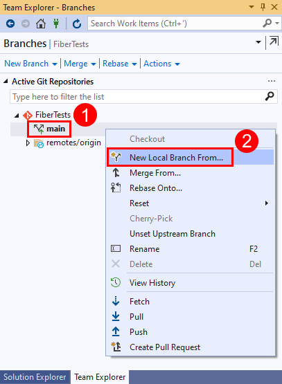 Visual Studio 2019 中主分支的上下文菜单中“新建本地分支”菜单选项的屏幕截图。