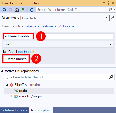 Visual Studio 2019 中分支名称文本和“创建分支”按钮的屏幕截图。