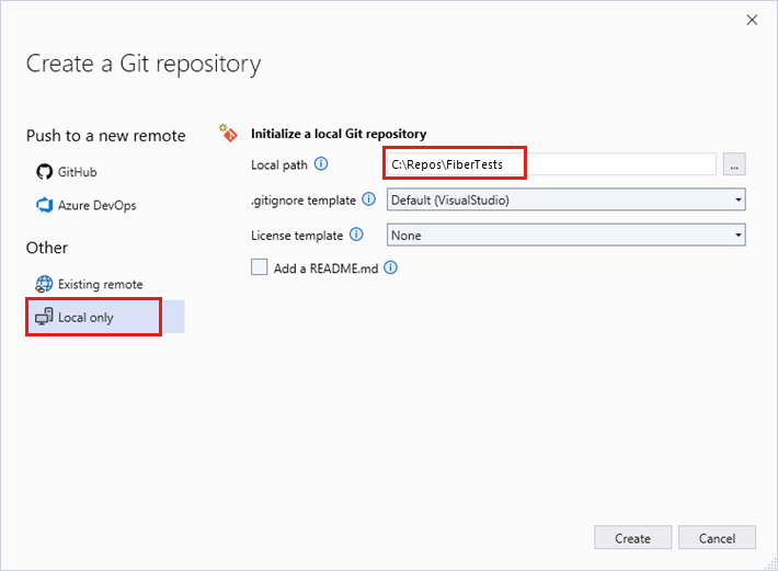 Visual Studio 2019 中“创建 Git 存储库”窗口的屏幕截图，选中了“仅限本地”选项。